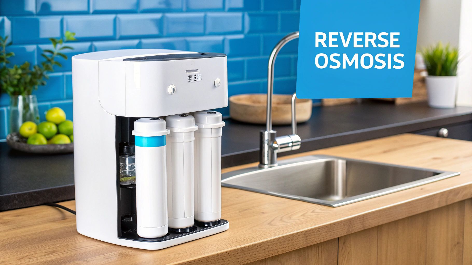 A whole-house water filtration system installed on a main water line in a clean basement setting.