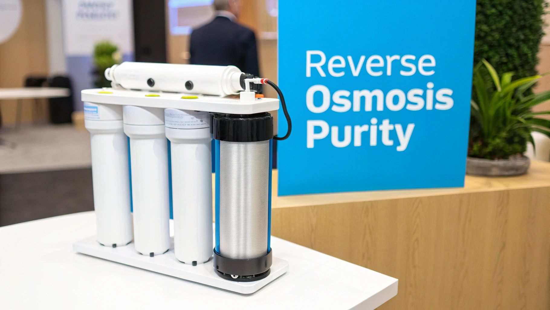 Reverse osmosis water filtration system with multiple filter stages displayed at trade show booth
