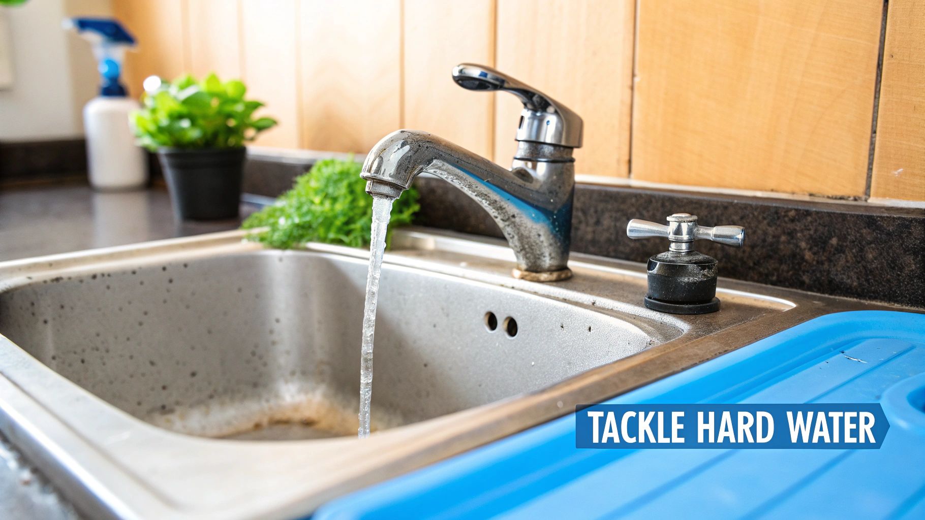 A close-up of a kitchen sink faucet with running water, showing visible hard water stains.