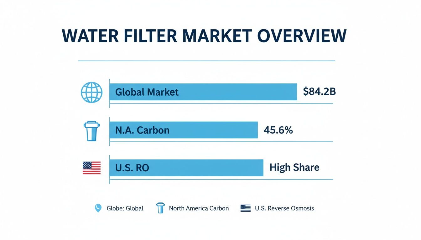 Water filter market overview showing global market value, North America carbon filter share, and U.S. reverse osmosis share.