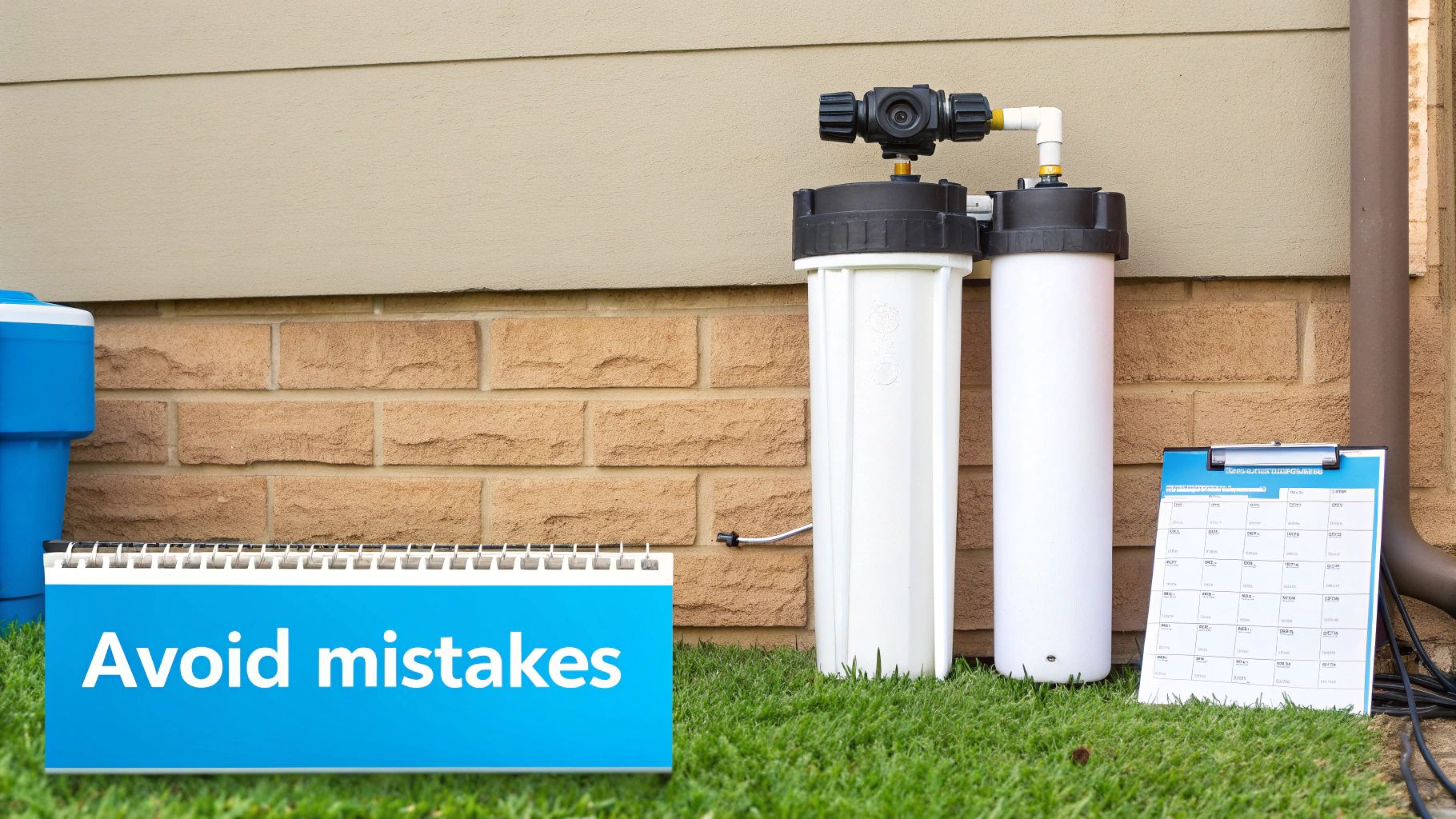 Two whole house water filters installed outdoors against a brick wall, with an 'Avoid mistakes' sign.