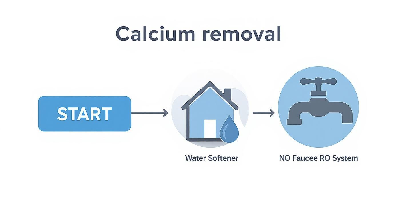 A flowchart showing the process of calcium removal from water, involving a water softener.