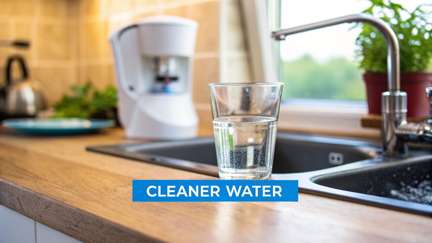 A glass of clean water on a kitchen counter with a sink, faucet, and coffee maker in the background.