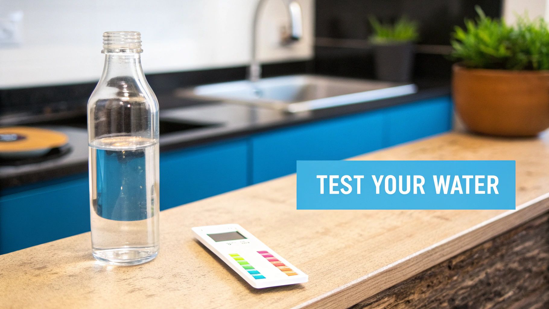 A water bottle and a testing strip on a kitchen counter with a 'Test Your Water' banner.