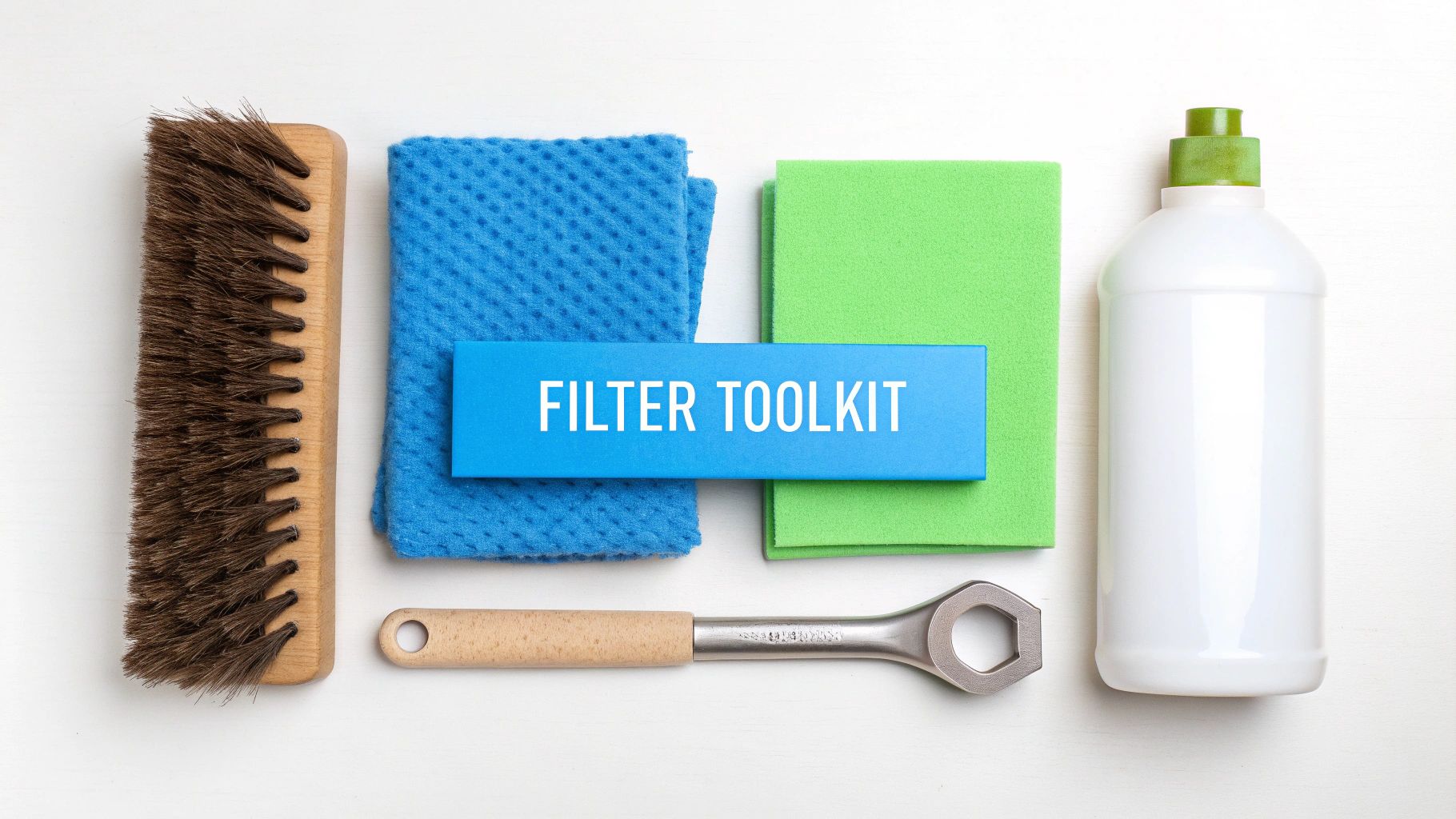 A collection of filter cleaning supplies including a soft brush, a bowl of white vinegar, and a lint-free cloth arranged on a clean countertop.