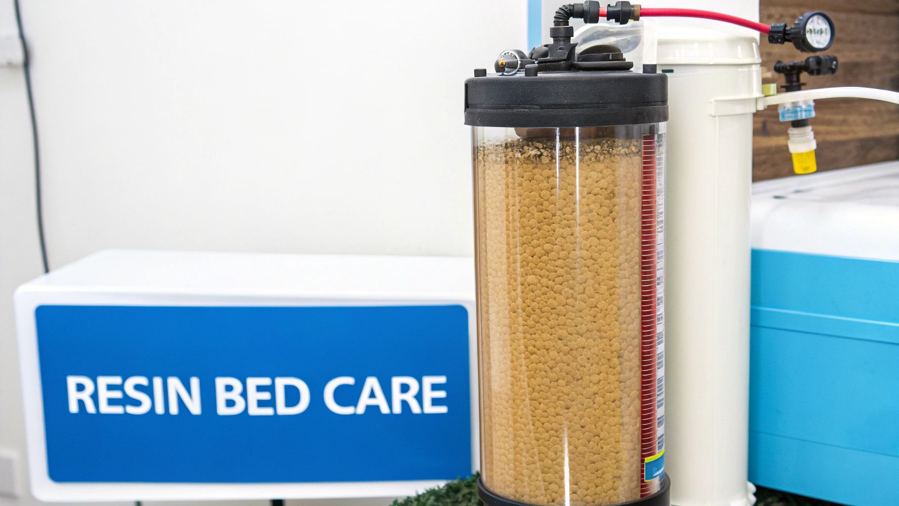 A transparent resin bed water filter container with a 'RESIN BED CARE' sign on a blue panel.