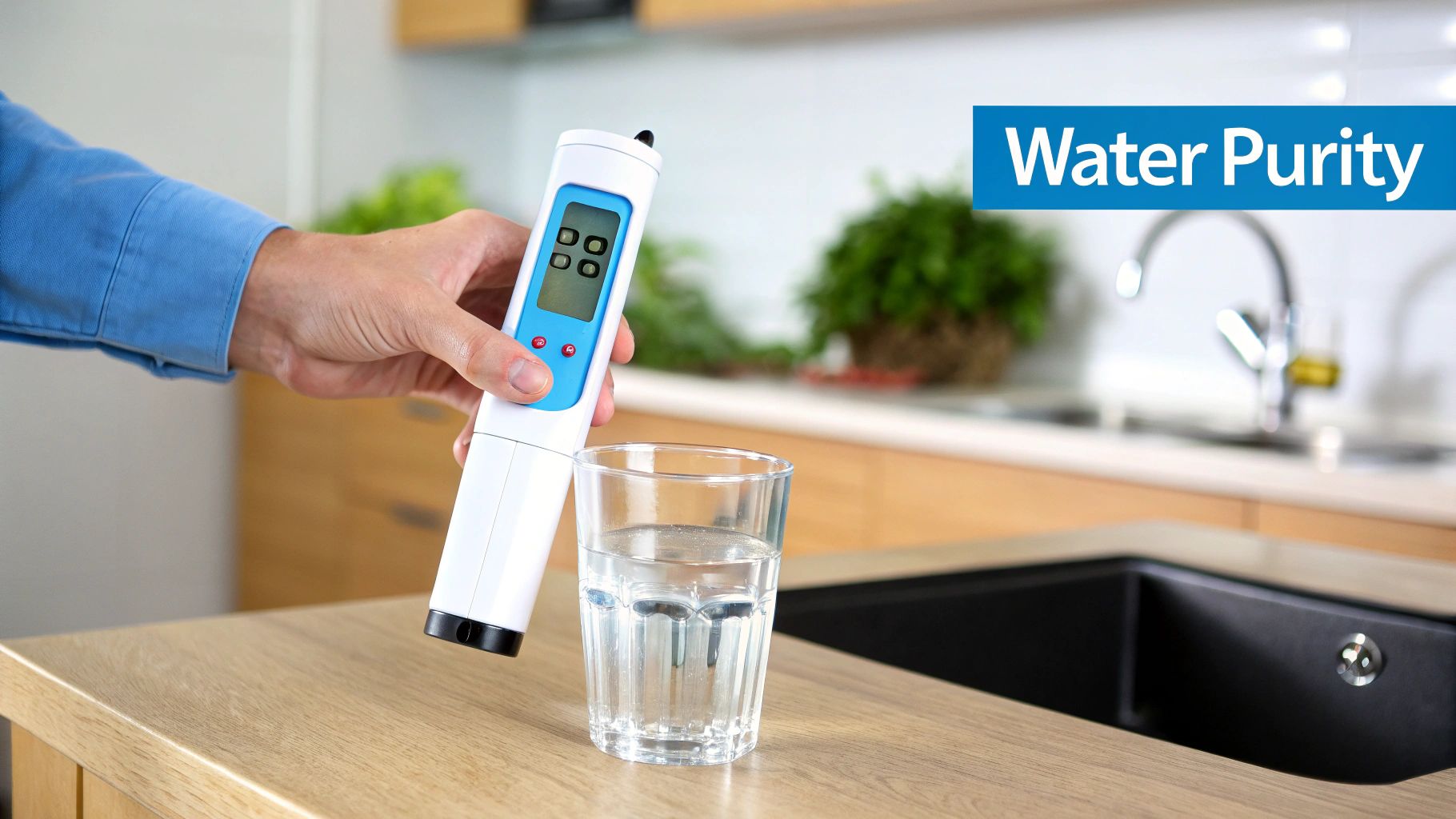 A person tests water purity in a glass with a TDS meter on a modern kitchen counter.