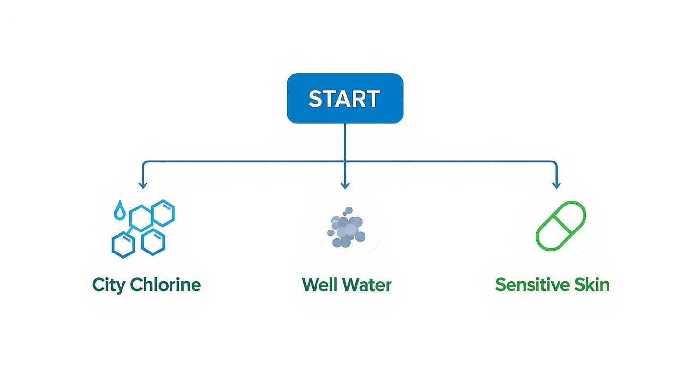 A flowchart diagram showing 'START' branching into three options: City Chlorine, Well Water, and Sensitive Skin.