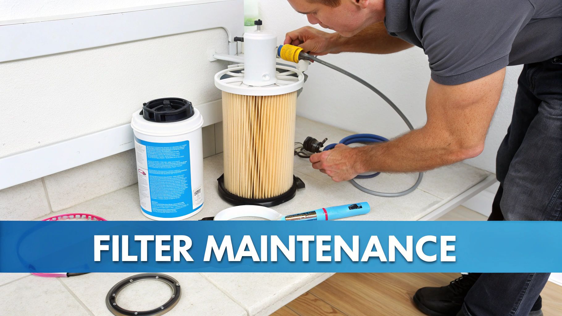 A person inspecting the O-ring and filter cartridge of a whole house water filter system during routine maintenance.
