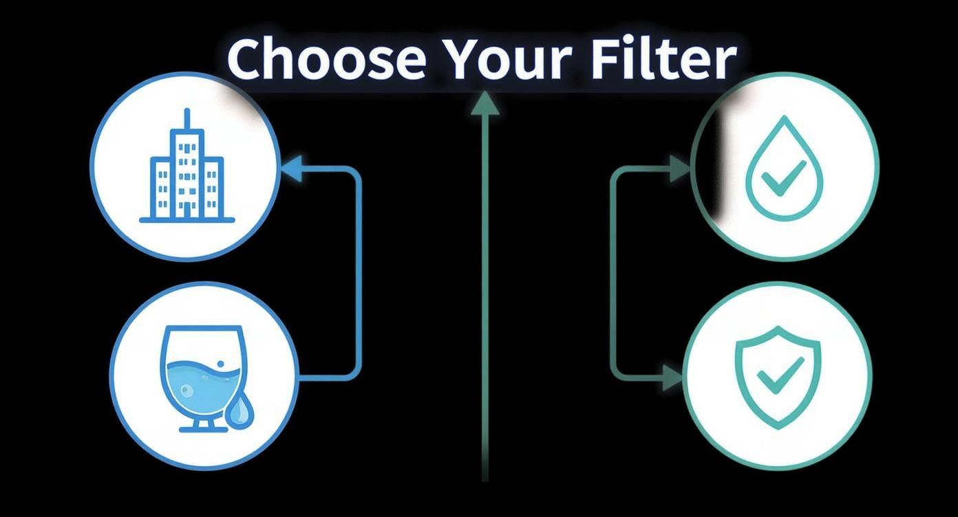 Diagram outlining choices for water filtration systems, showing icons for buildings, water, purity, and protection.