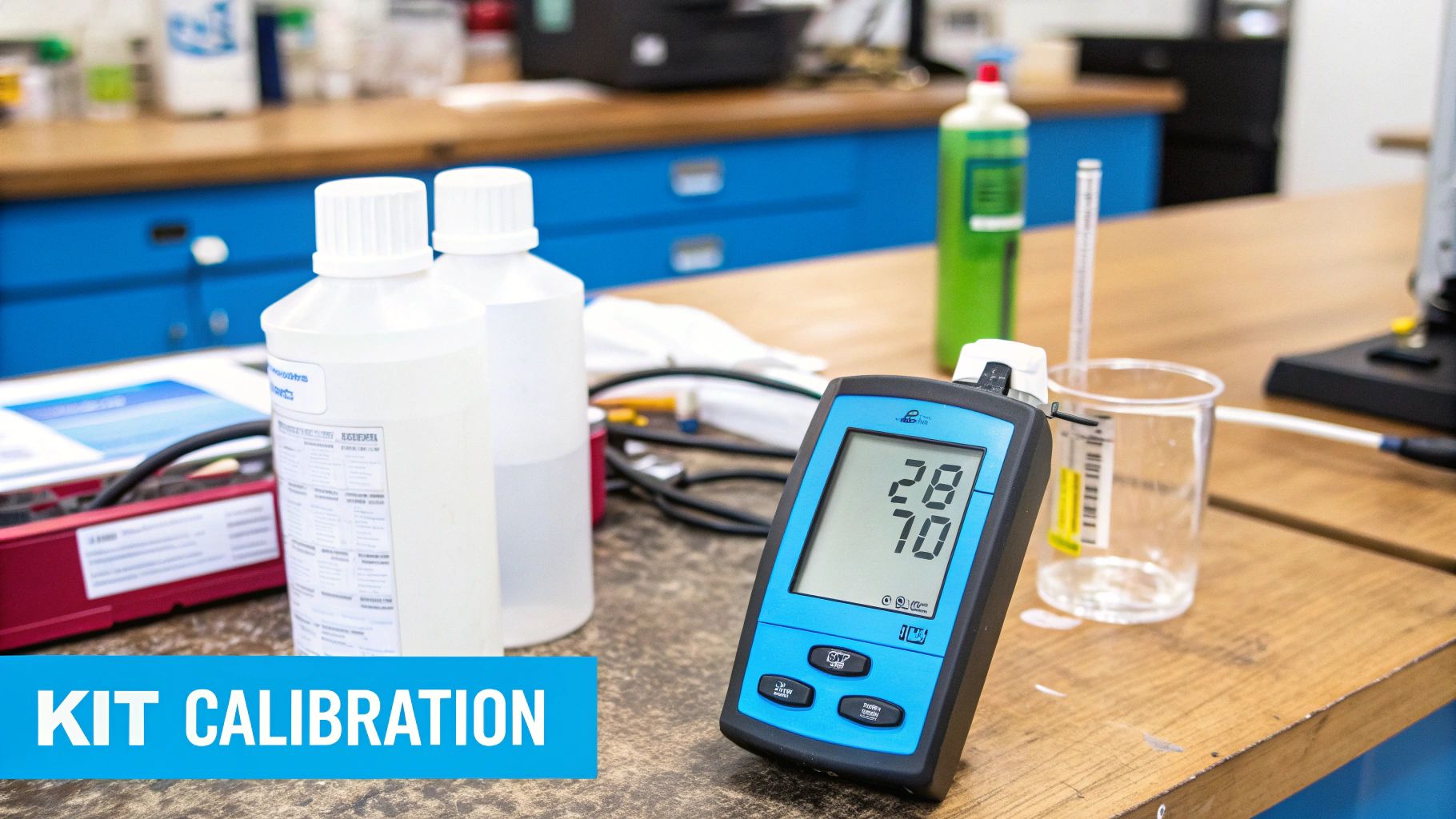 A homeowner reviewing the results of a water quality testing kit next to their kitchen sink.