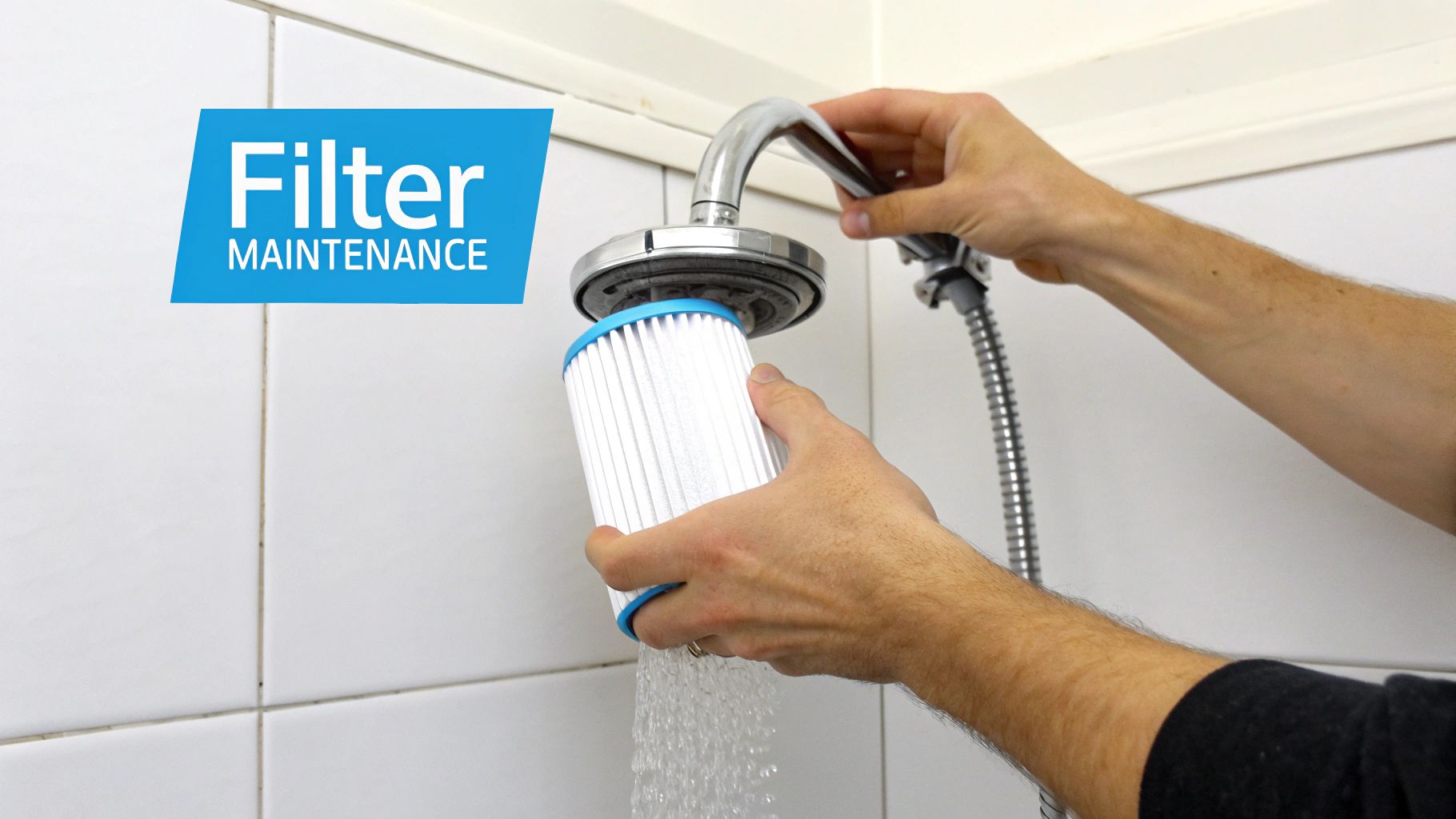 Hands performing maintenance on a shower filter, with water flowing from the white filter cartridge.