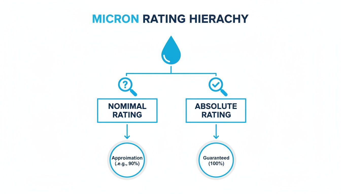 Diagram illustrating the micron rating hierarchy for filtration, comparing nominal (approximate) and absolute (guaranteed) ratings.