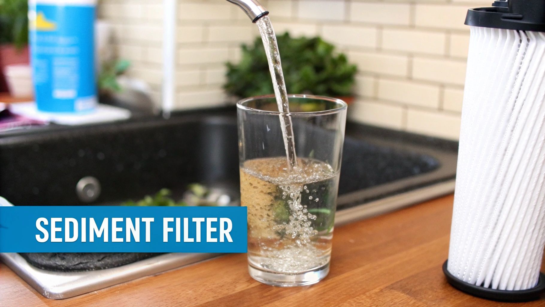 Water flowing into a glass from a kitchen faucet, next to a tall white sediment filter.
