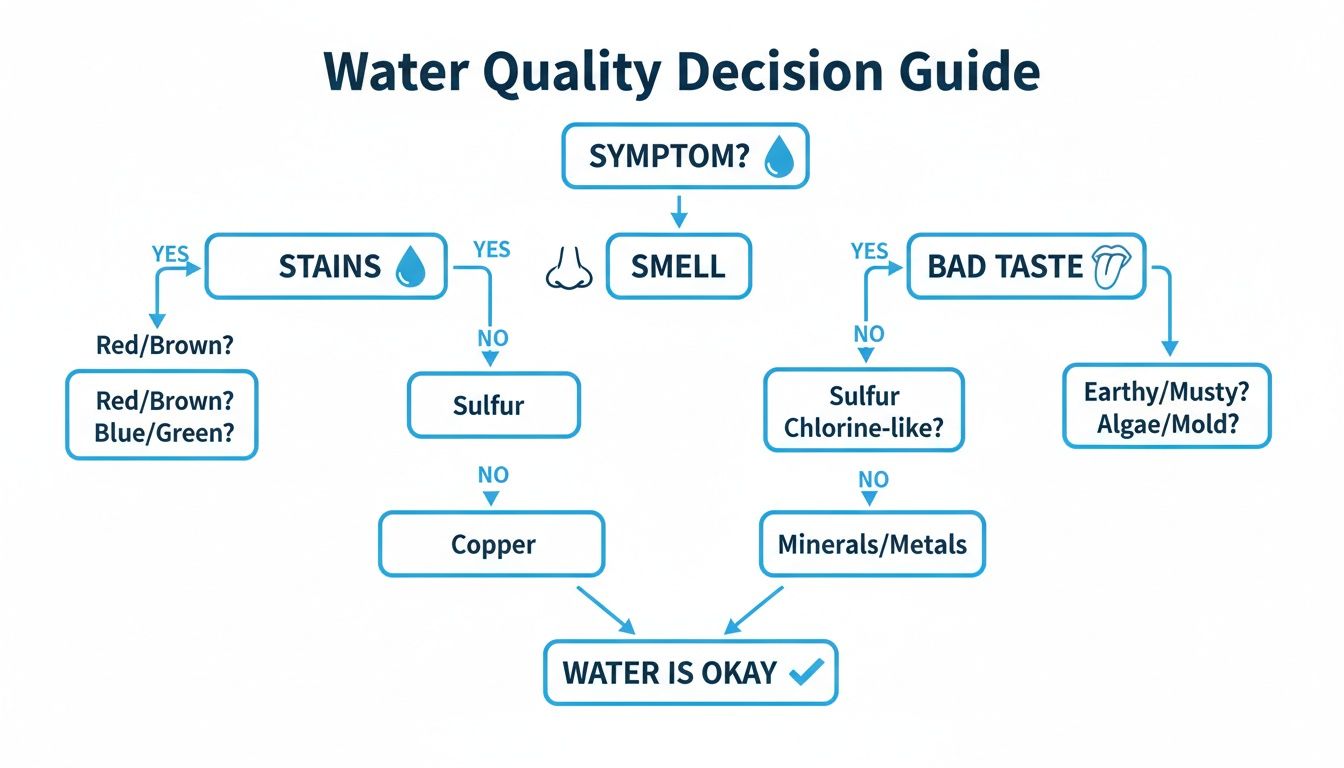 A water quality decision guide flowchart showing symptoms like stains, smell, and bad taste to identify issues.