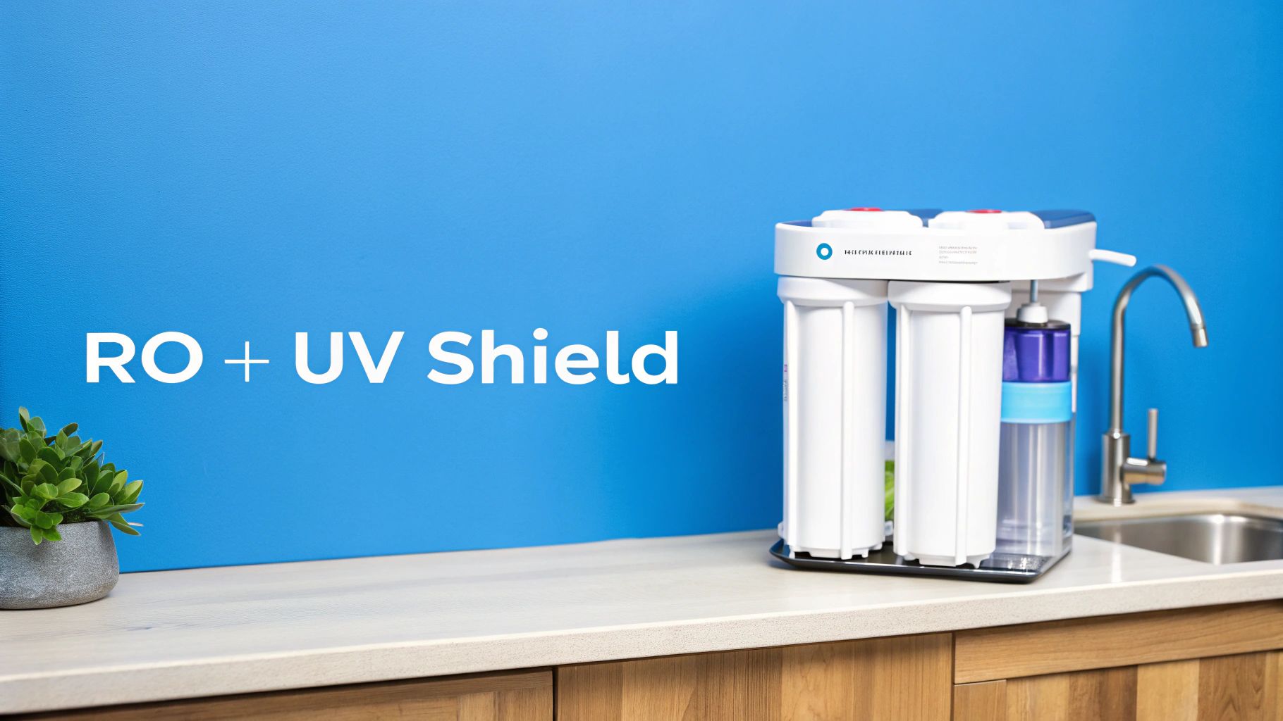 A modern RO + UV water purifier system sits on a kitchen counter next to a sink.