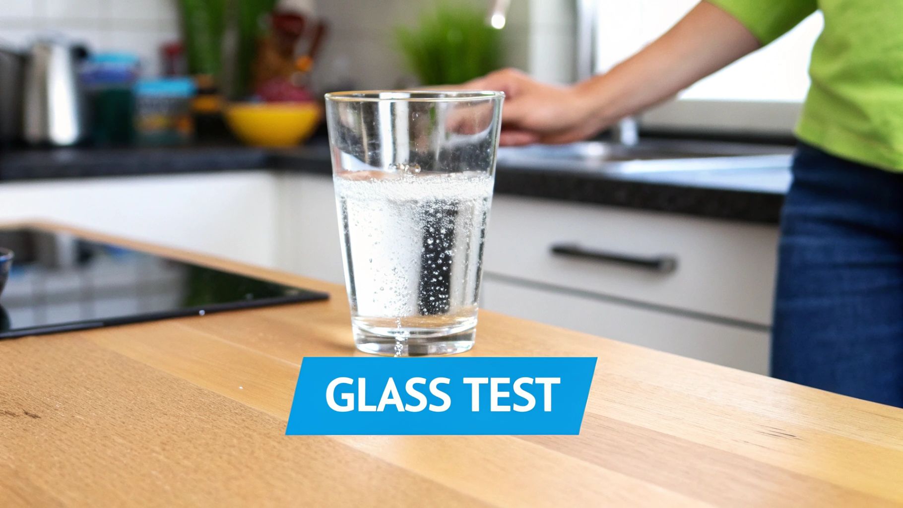 A glass of cloudy tap water on a wooden kitchen counter with 'GLASS TEST' overlay.