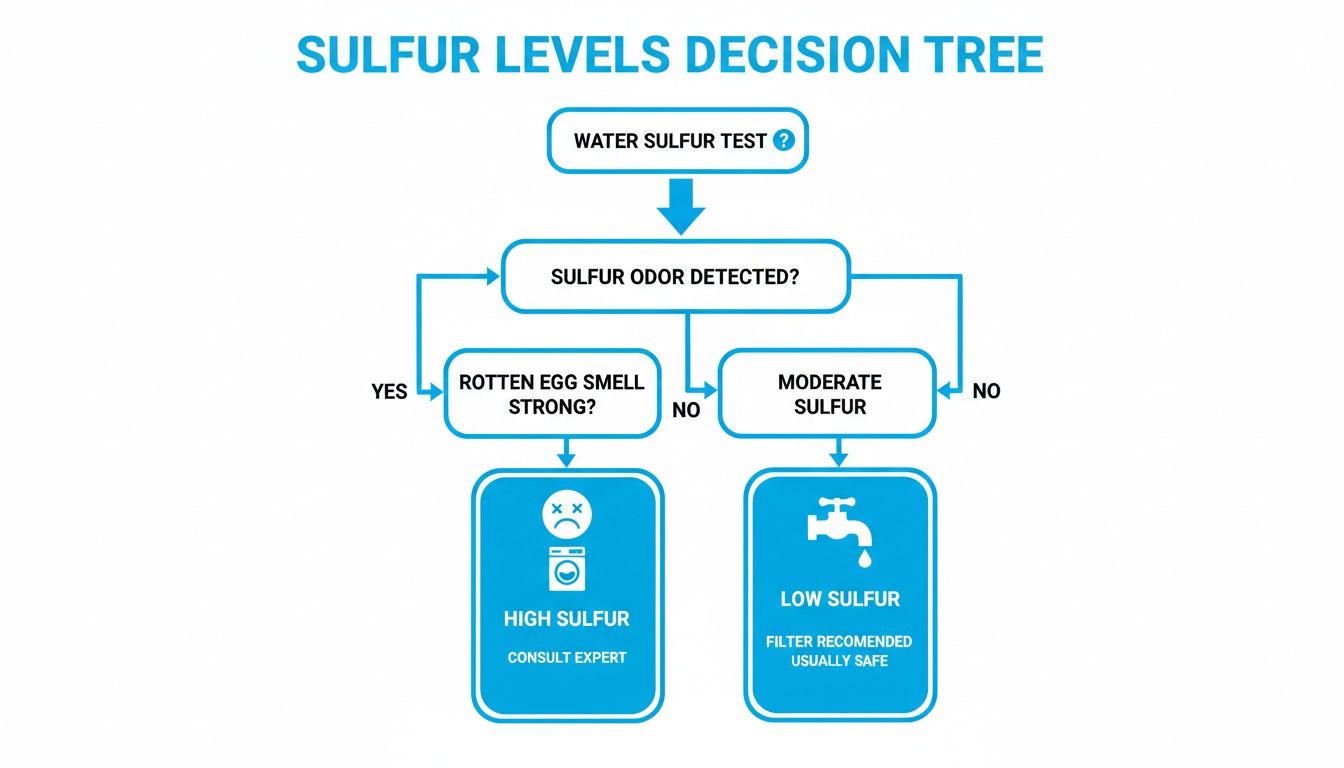 Decision tree flowchart for assessing water sulfur levels and recommended actions based on odor detection.