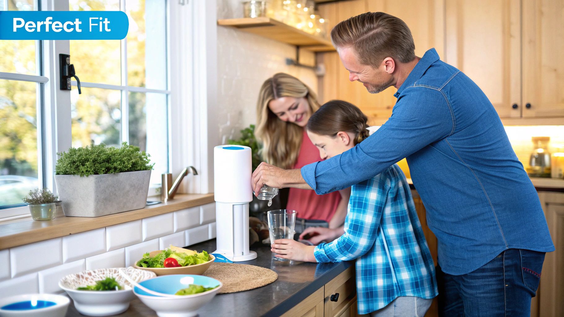 A family smiling and drinking clean water from glasses in their kitchen.