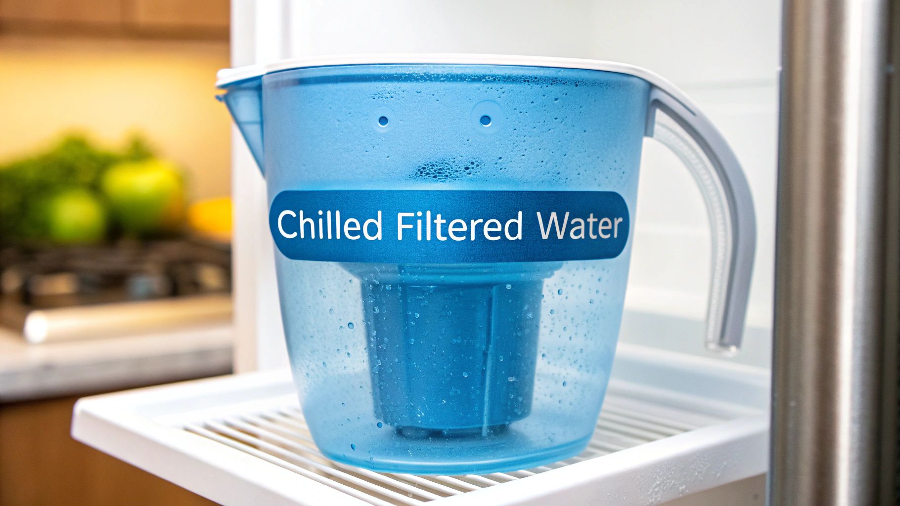 A clear water filter pitcher filled with water and fresh lemon slices.