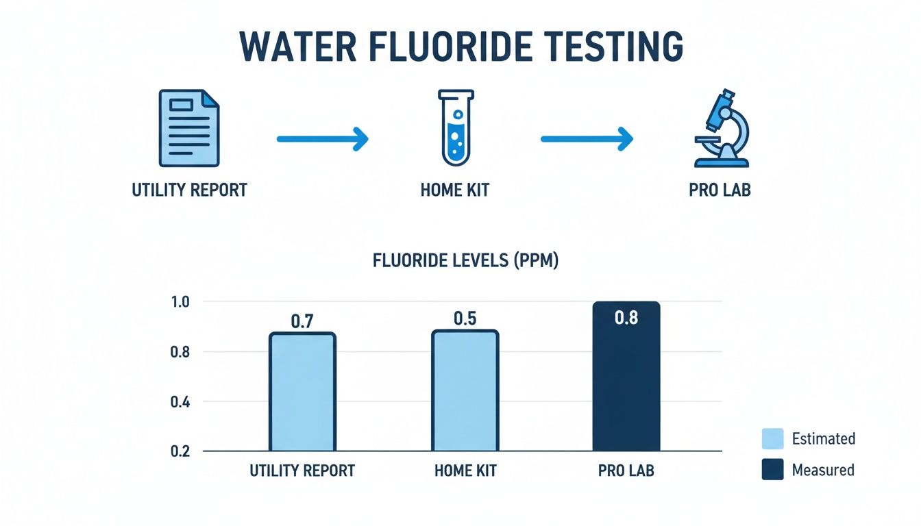 Diagram showing water fluoride testing methods (utility, home, pro lab) and their corresponding PPM levels.