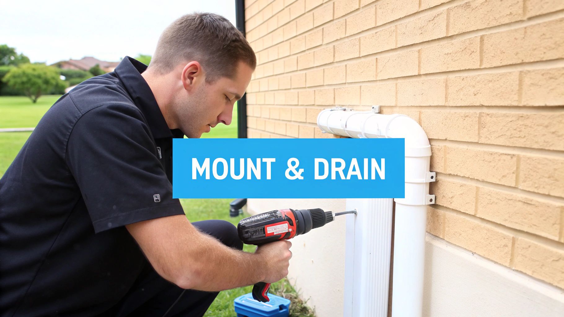 A man uses a power drill to mount a white pipe to a beige brick wall.