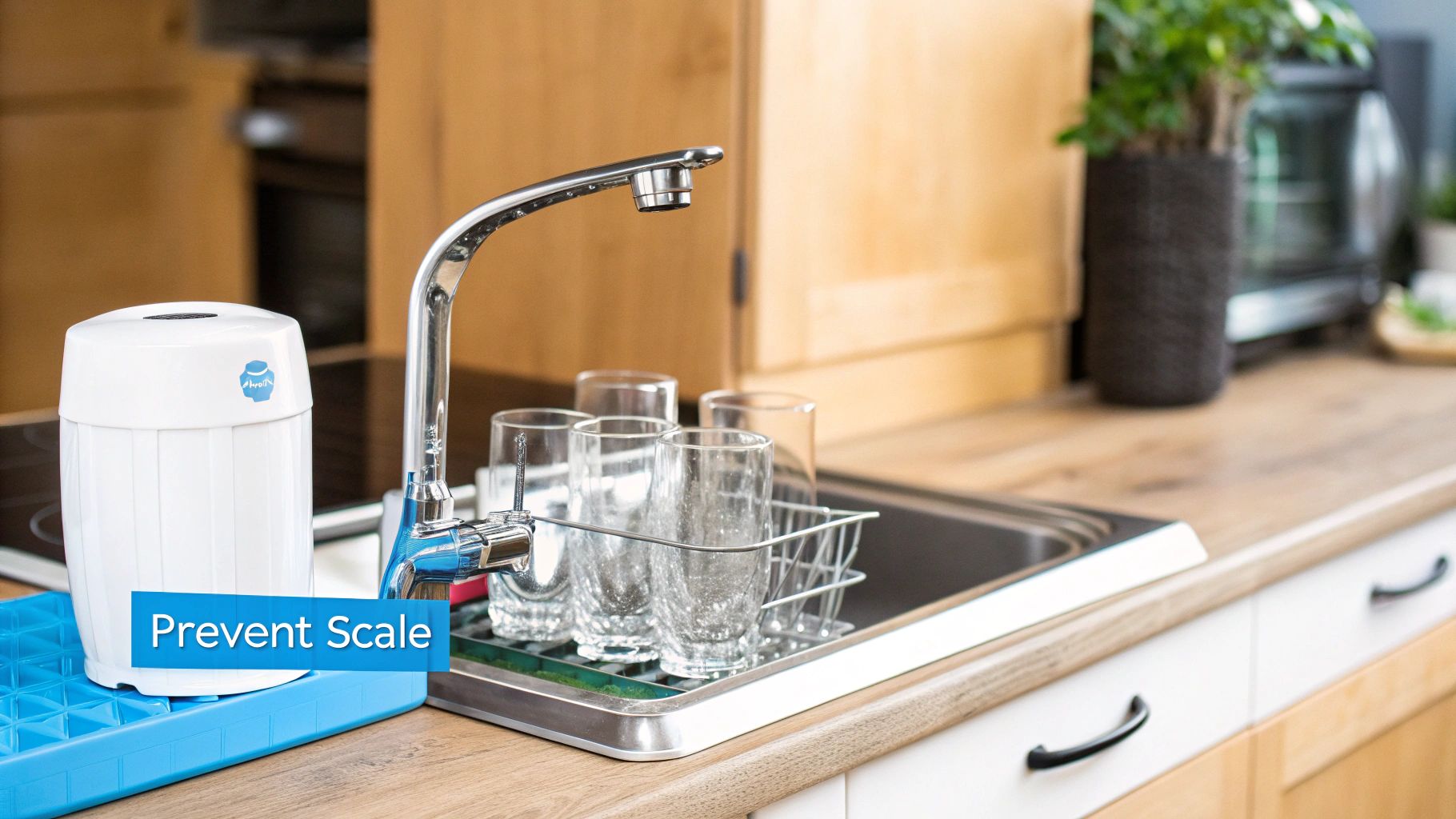 A white water filter system on a blue mat next to a kitchen sink with clean glasses.