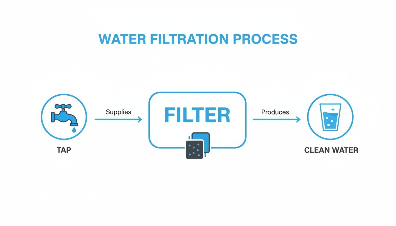A diagram illustrating the water filtration process, showing a tap supplying water to a filter, which then produces clean water.