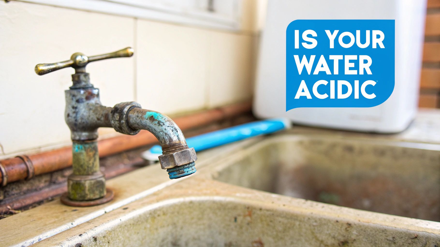 Close-up of a rusty metal water tap over a dirty sink, with a sign asking 'Is your water acidic?'