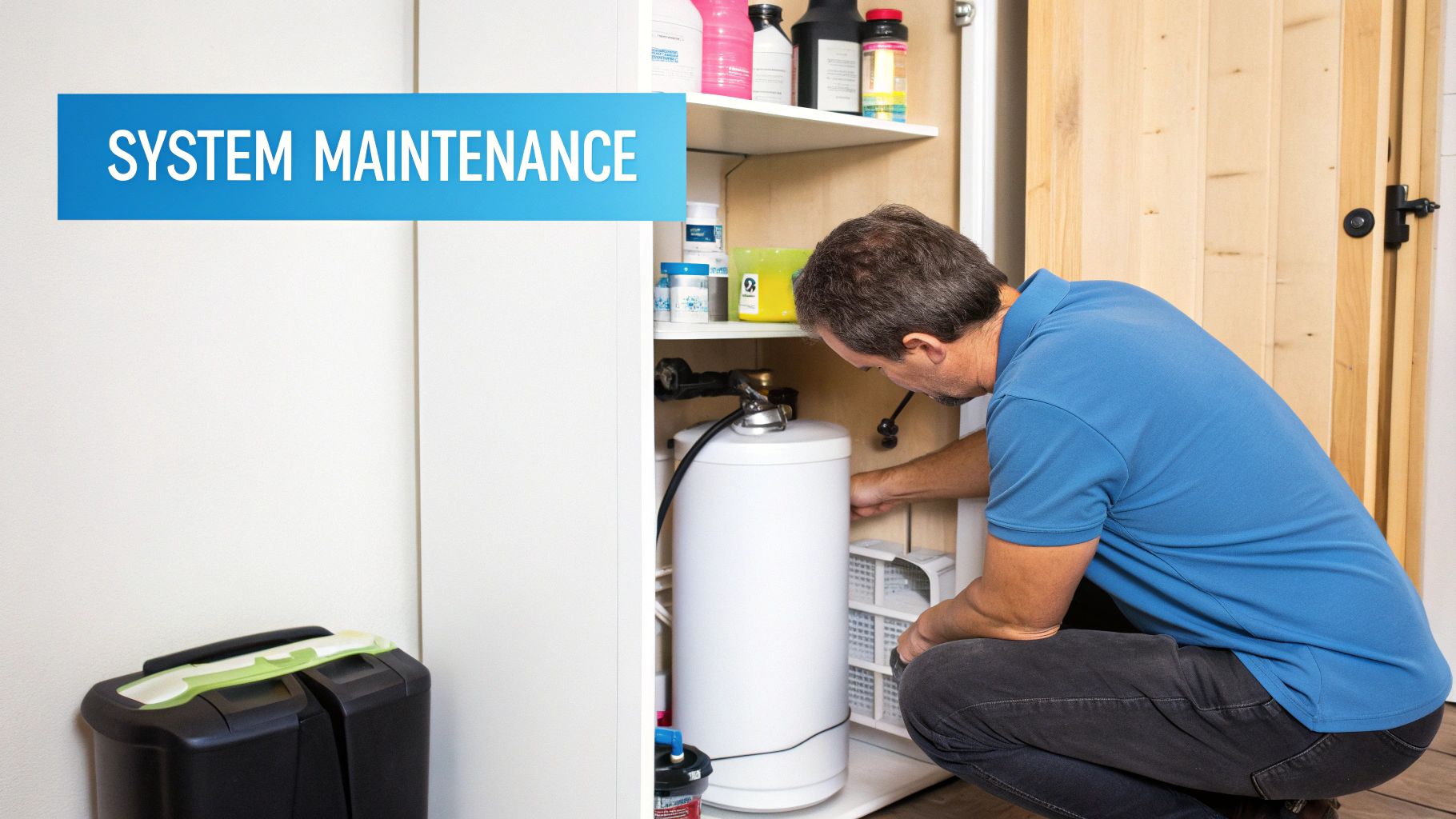 A man in a blue shirt crouches, performing system maintenance on a white water filter in a cabinet.