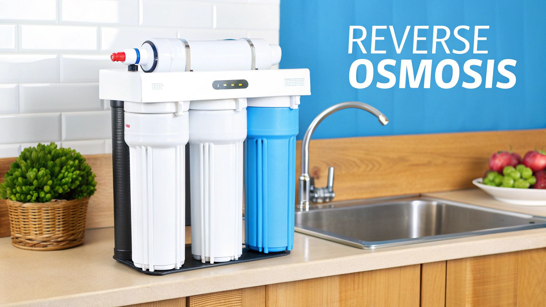 Close-up of a reverse osmosis membrane with water molecules passing through, leaving contaminants behind.