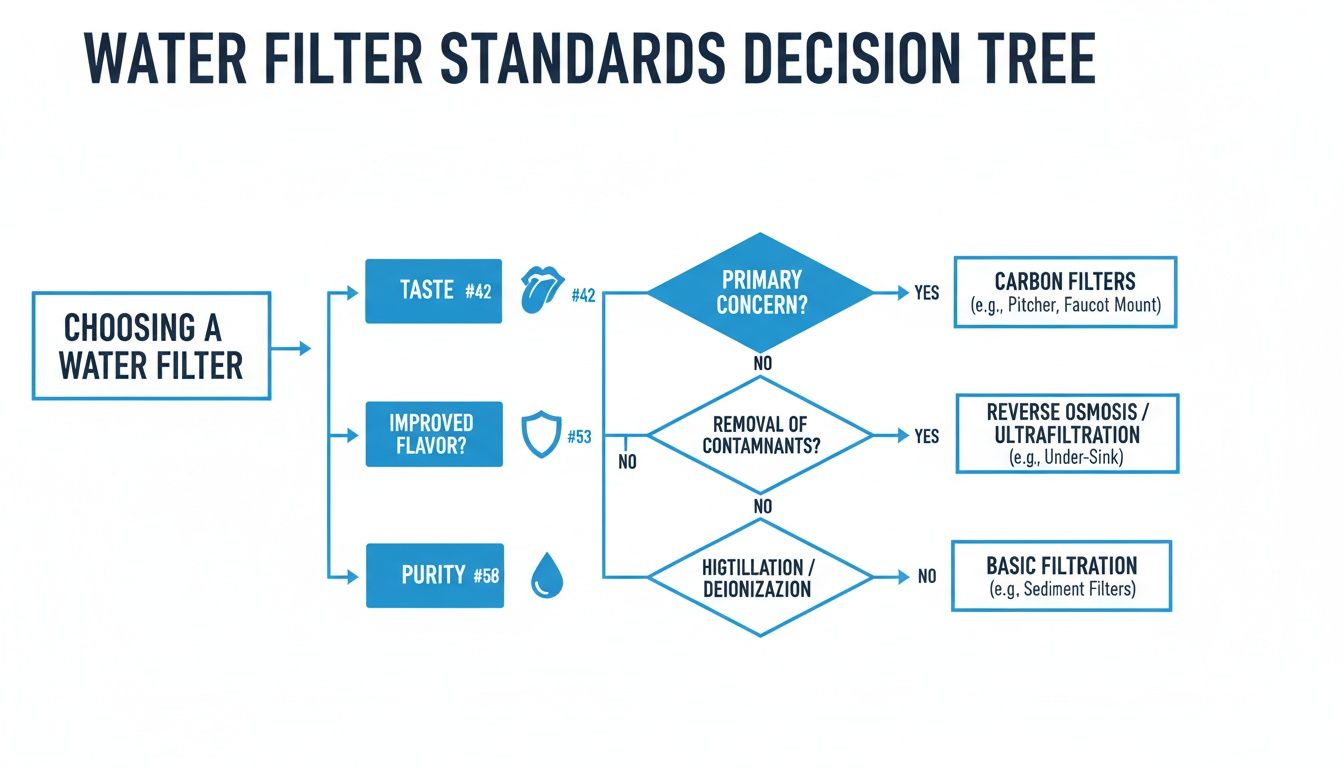 Decision tree illustrating how to choose a water filter based on taste, flavor, purity, and contaminant concerns.