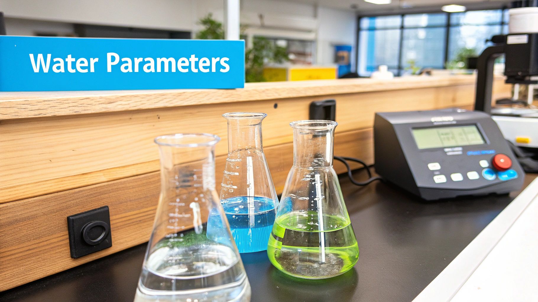 A person using a water quality testing kit to test tap water in a glass