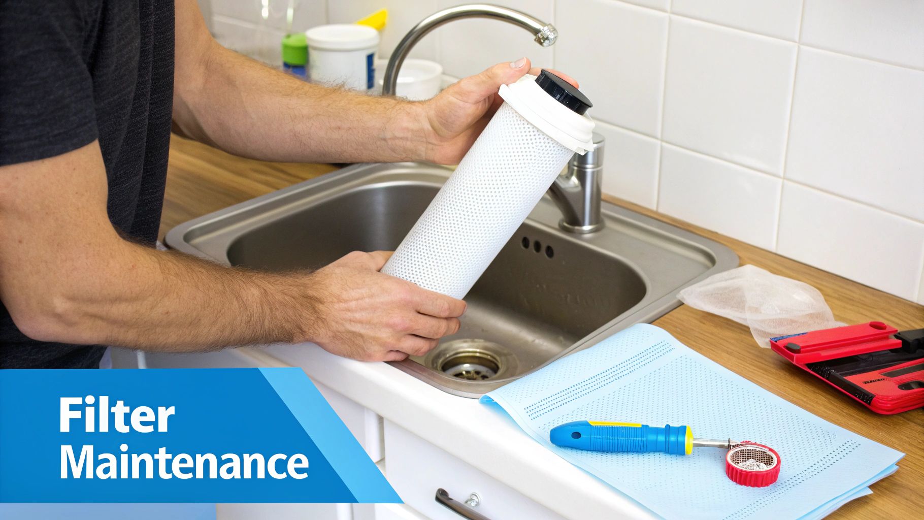 Person replacing cylindrical water filter cartridge above kitchen sink during routine maintenance procedure