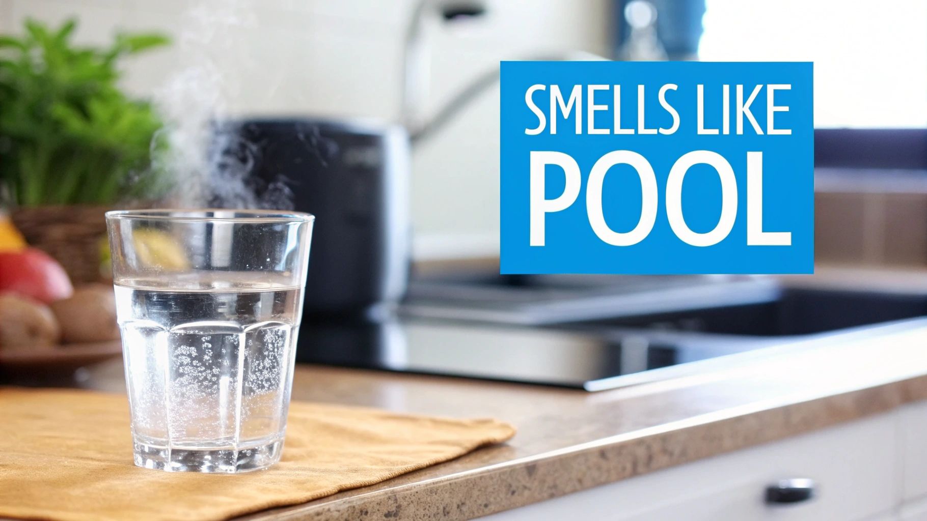 Glass of clear drinking water on kitchen counter with text overlay saying smells like pool
