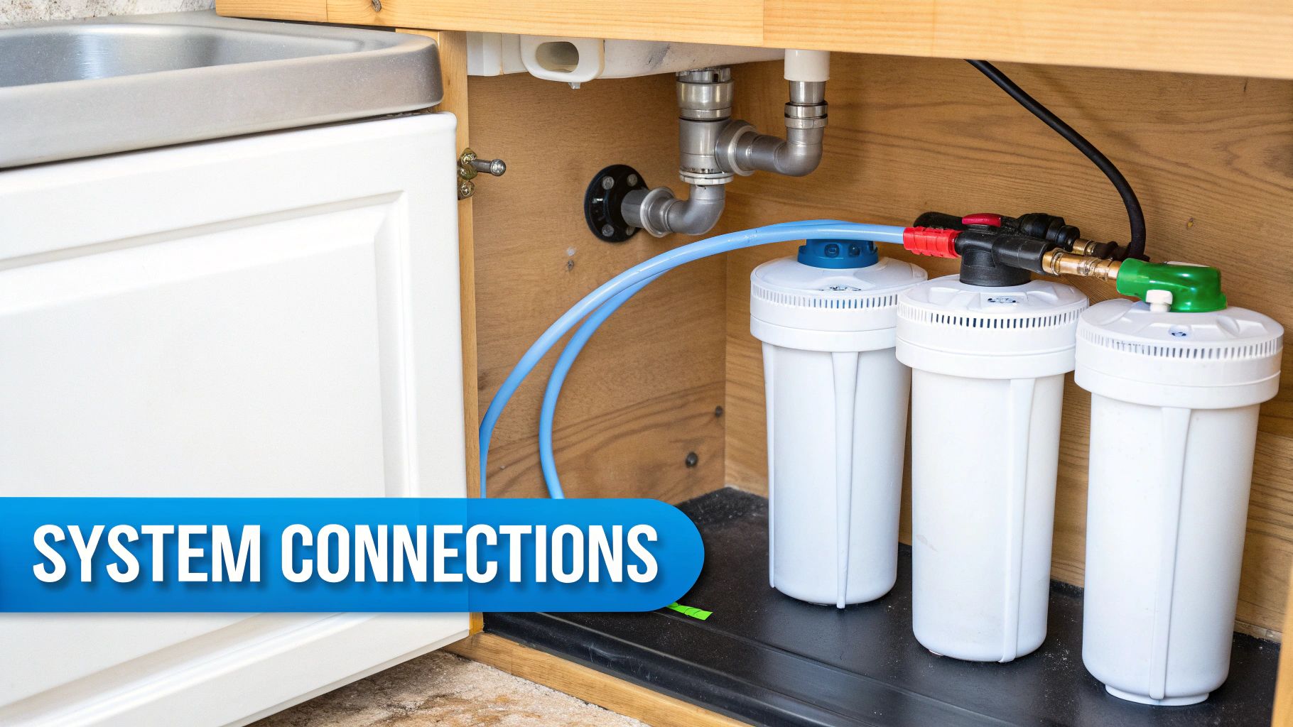 A three-stage under-sink water filtration system with blue hoses and plumbing connections.