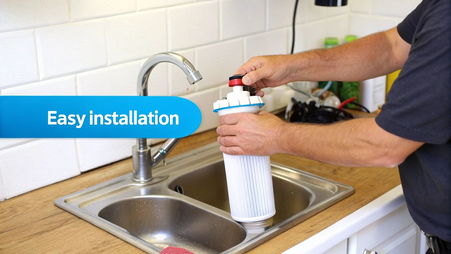 A family happily drinking glasses of clean water in their kitchen, symbolizing a healthy lifestyle.