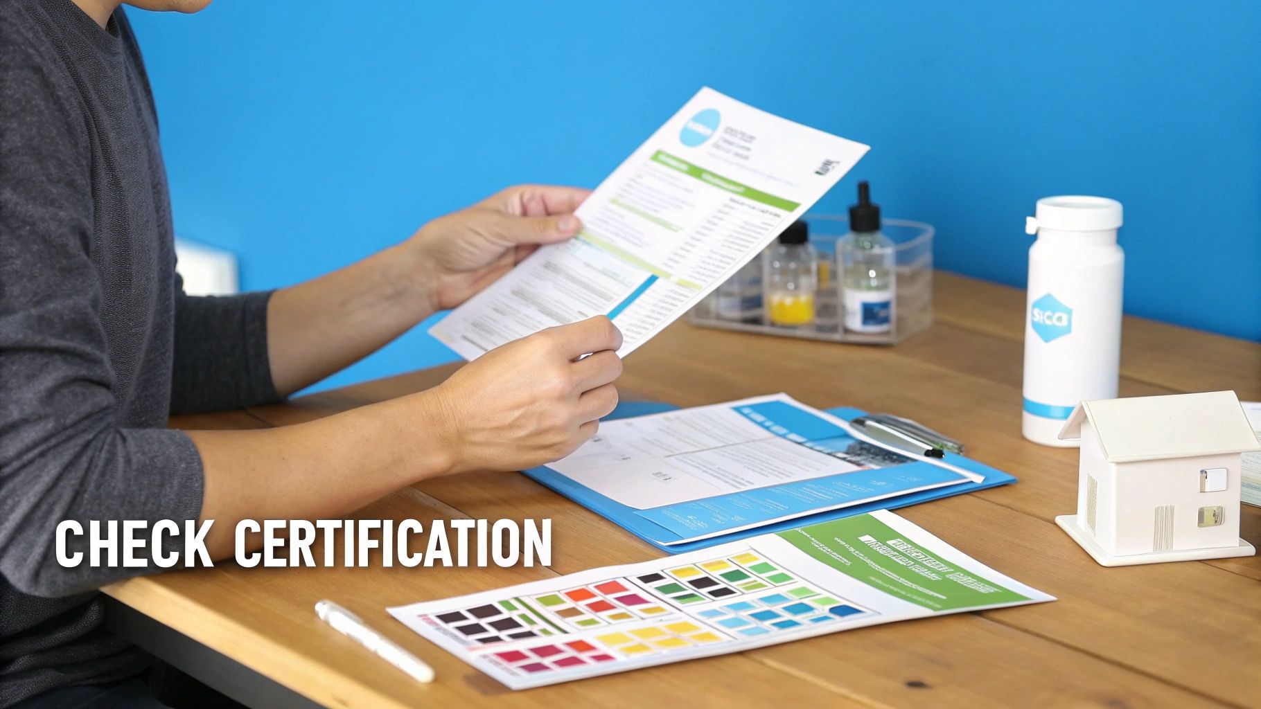 A person at a desk examining documents related to certification, with a model house and Sica bottle.