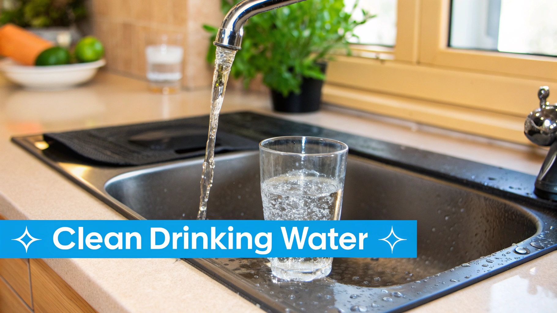 A person pouring filtered water from a modern pitcher into a glass in a kitchen setting.
