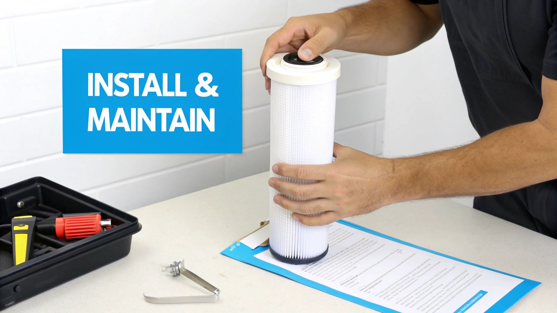 A person's hands are shown tightening a fitting on a new under-sink water filter system.