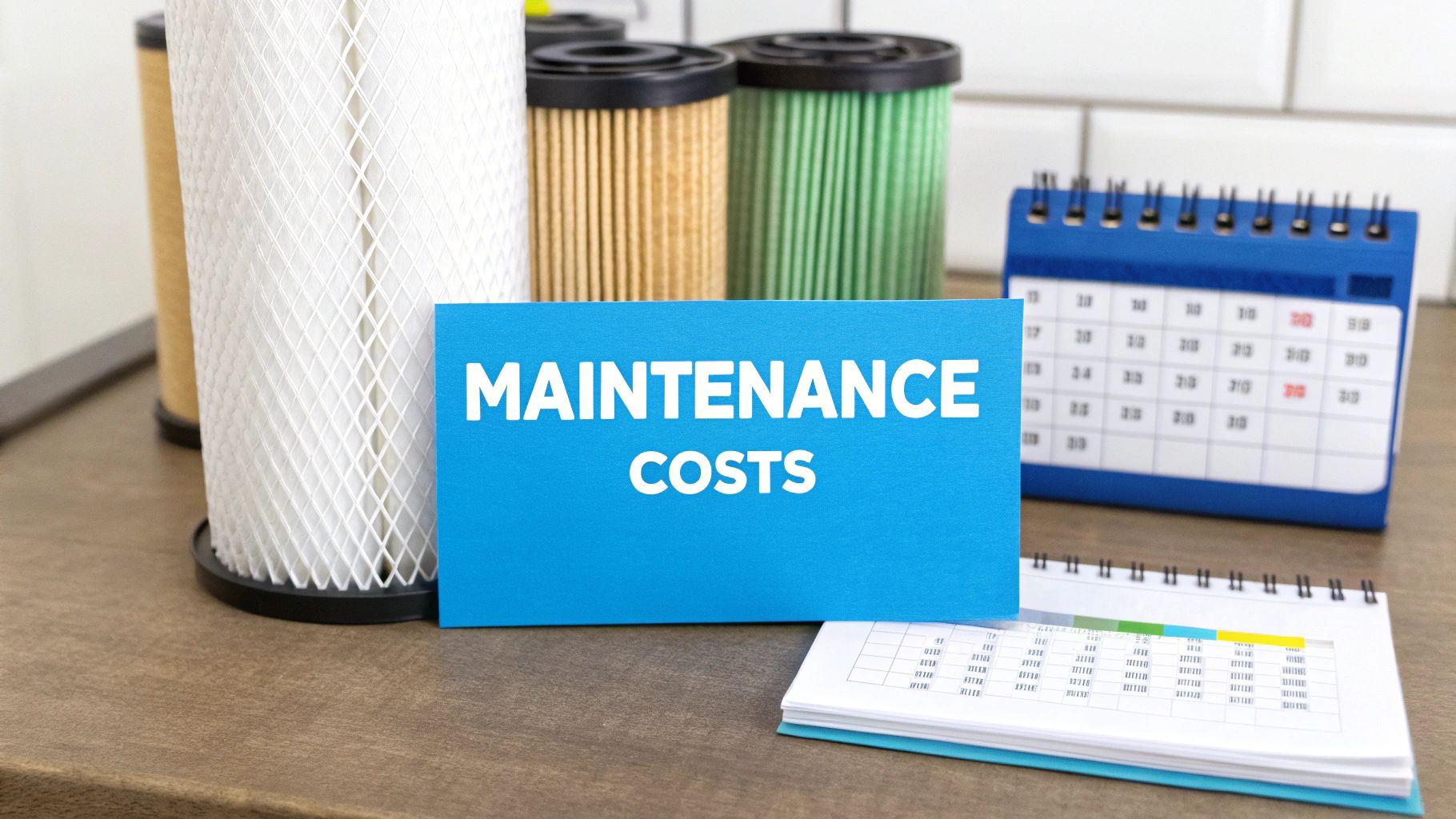 A blue sign with 'MAINTENANCE COSTS' in white text, surrounded by water filters, a calendar, and a financial spreadsheet.