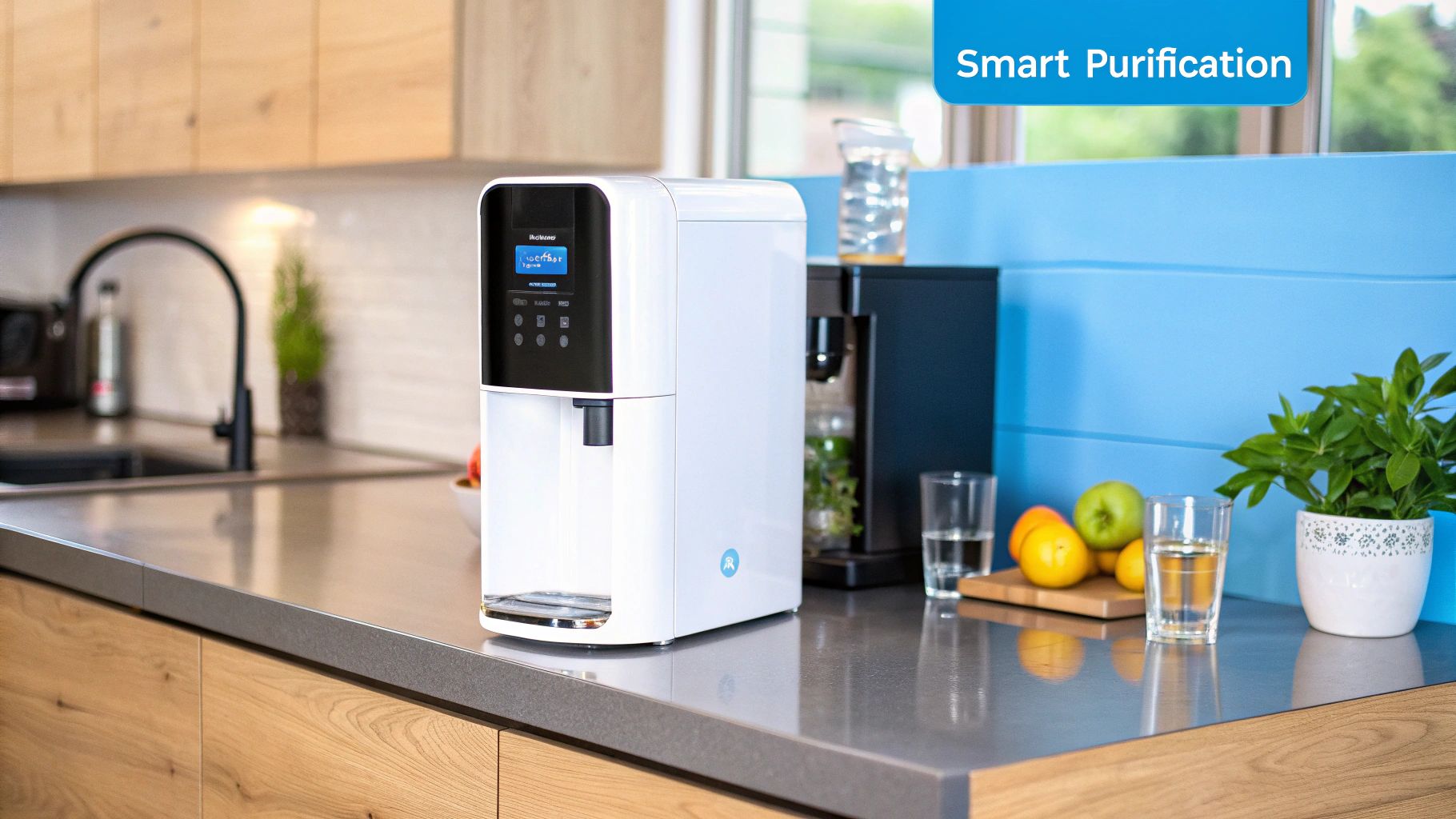 A sleek, modern smart water filter integrated into a kitchen counter, with a digital display showing water quality data.