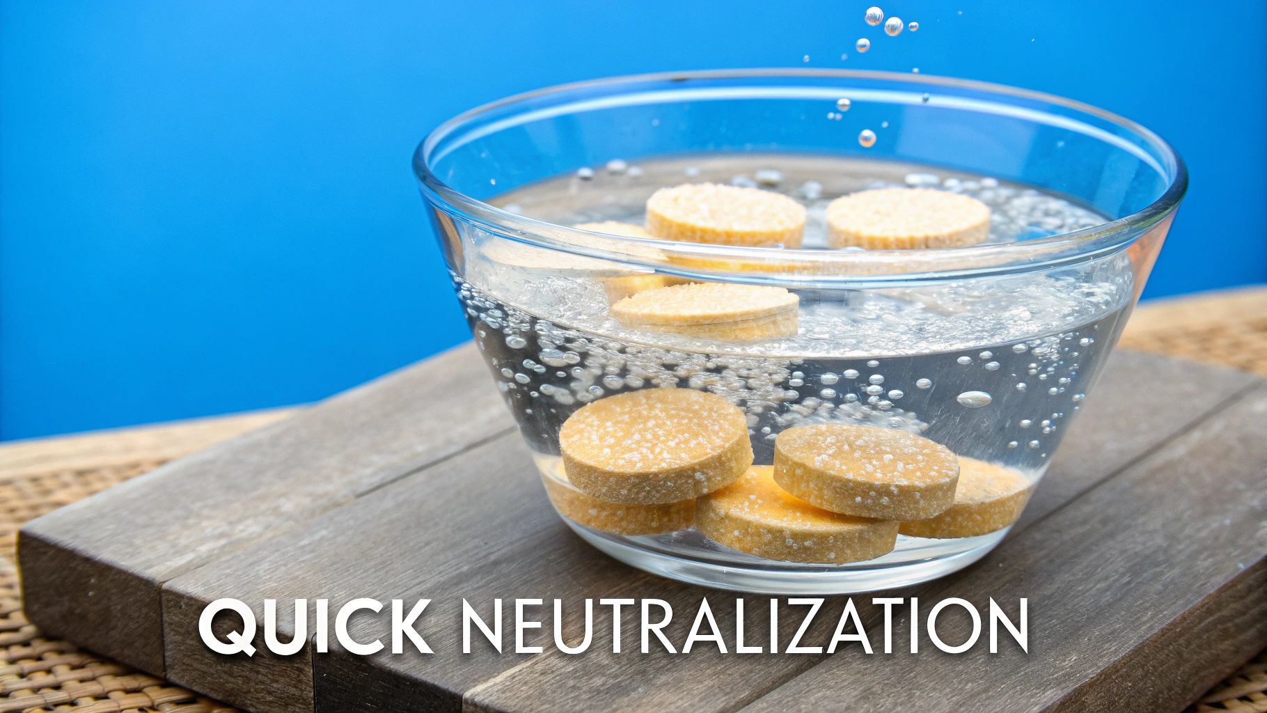 A person adds a small amount of white powder from a spoon into a glass of water, demonstrating neutralization.