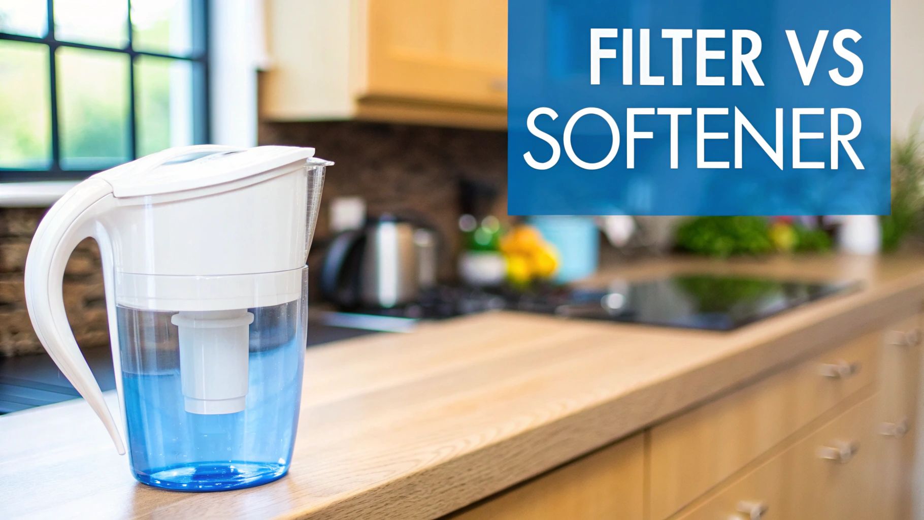 Clear water pouring from a kitchen faucet into a glass, symbolizing clean filtered water.