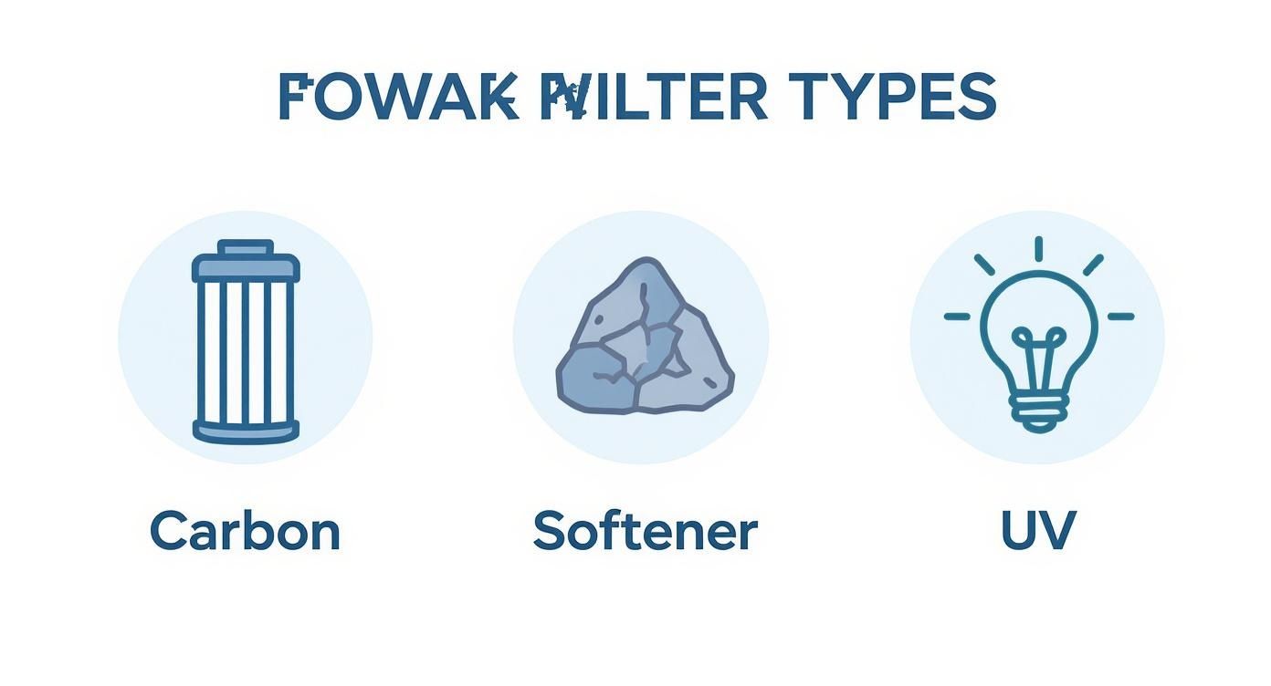 An illustration showing three Fowak filter types: Carbon, Softener, and UV light filters.