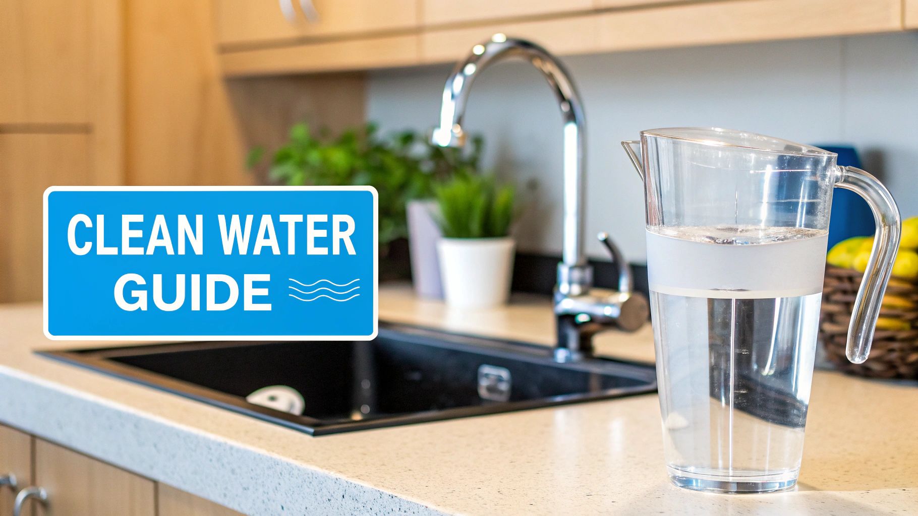 A bright kitchen scene with a 'Clean Water Guide' sign, a sink, faucet, and a water pitcher.