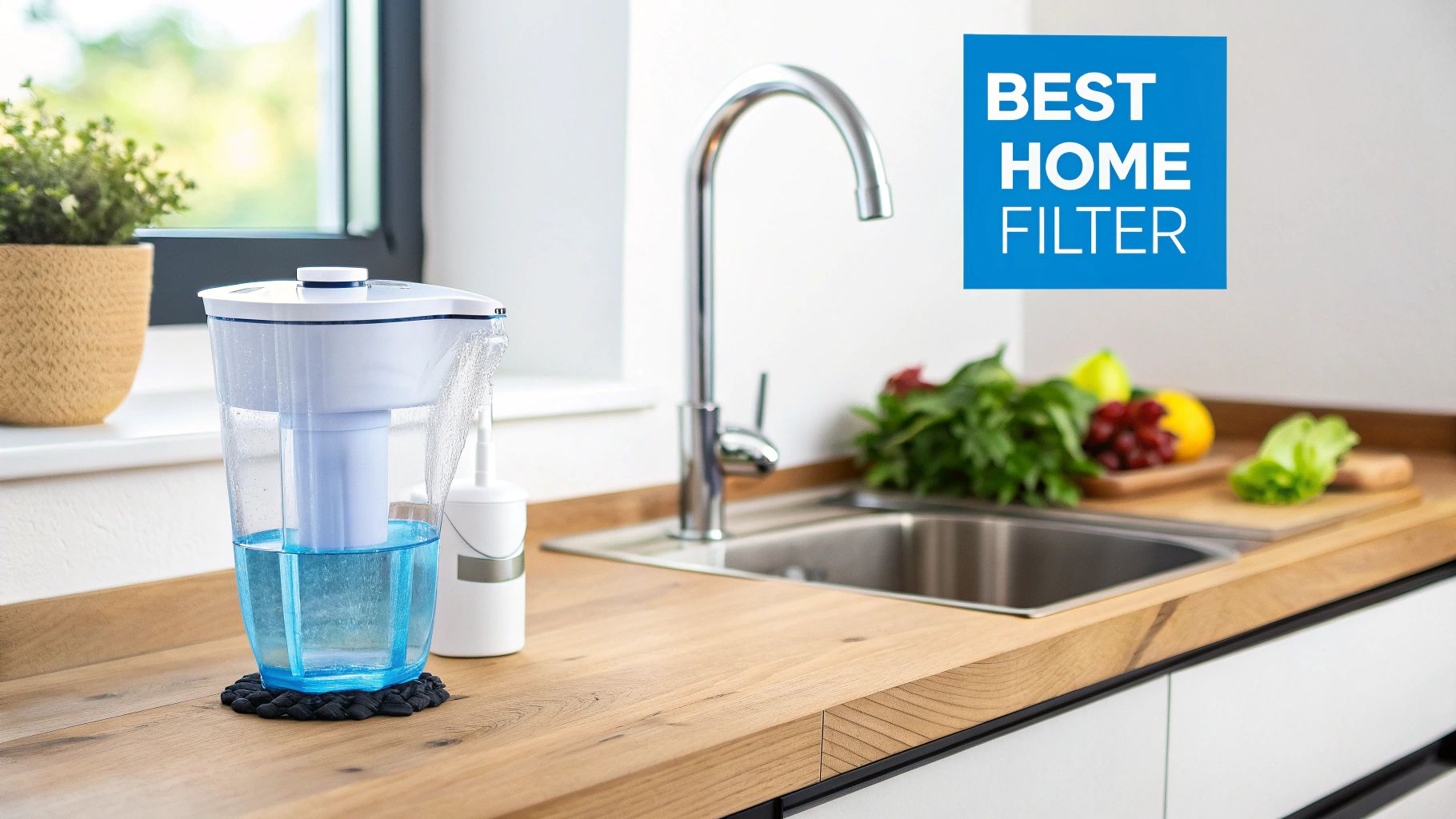 A modern kitchen faucet with a sleek, chrome water filter attached.