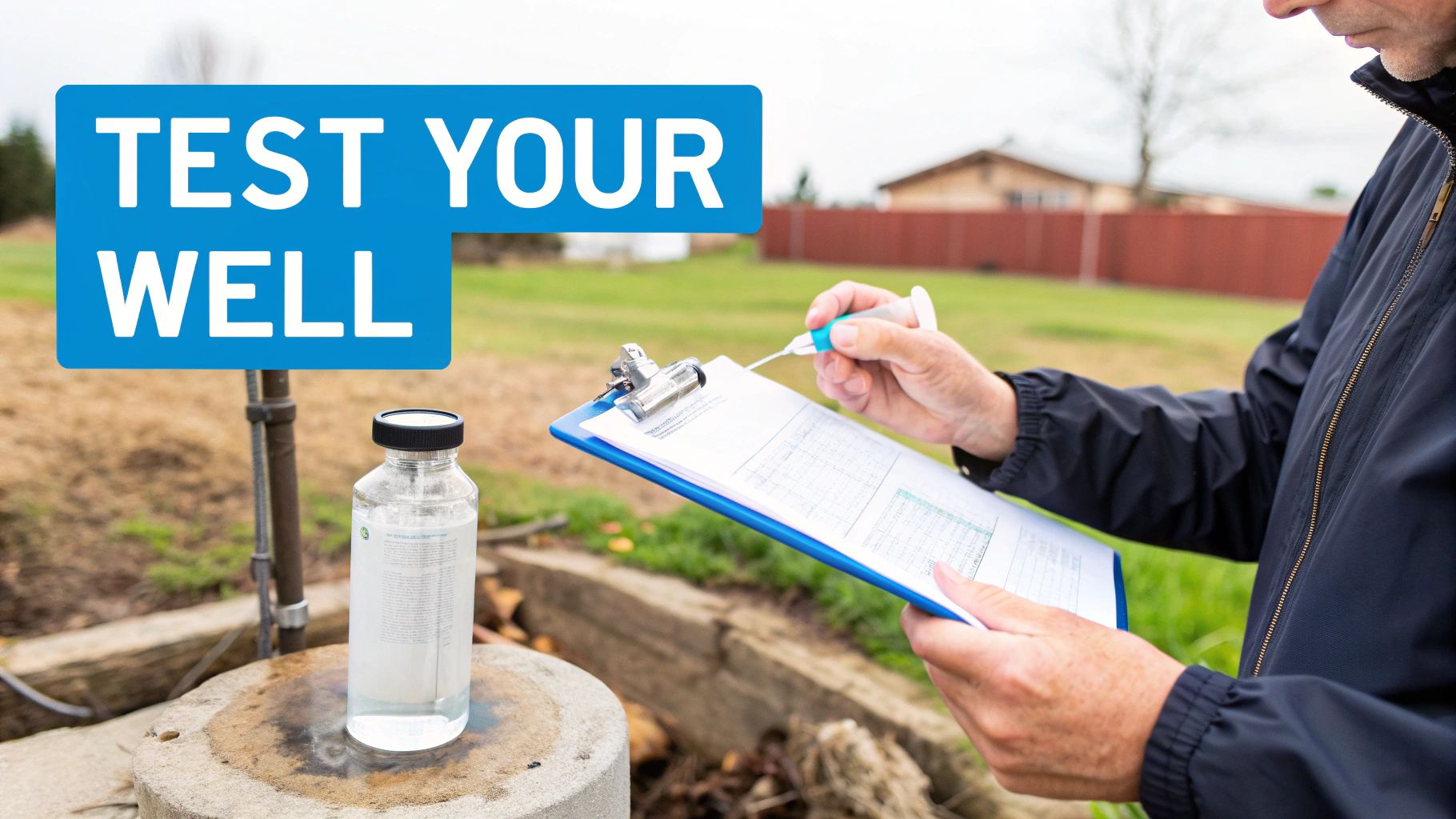 A technician tests private well water outdoors, holding a sample bottle and clipboard with a "TEST YOUR WELL" sign.