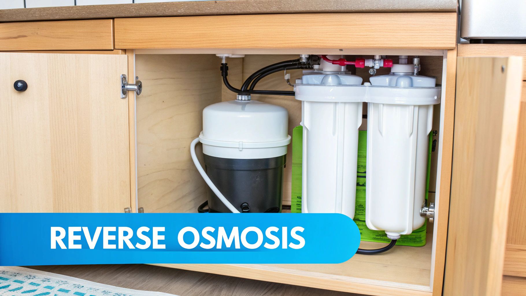 An under-sink reverse osmosis water filtration system with white filters and a tank inside a wooden kitchen cabinet.
