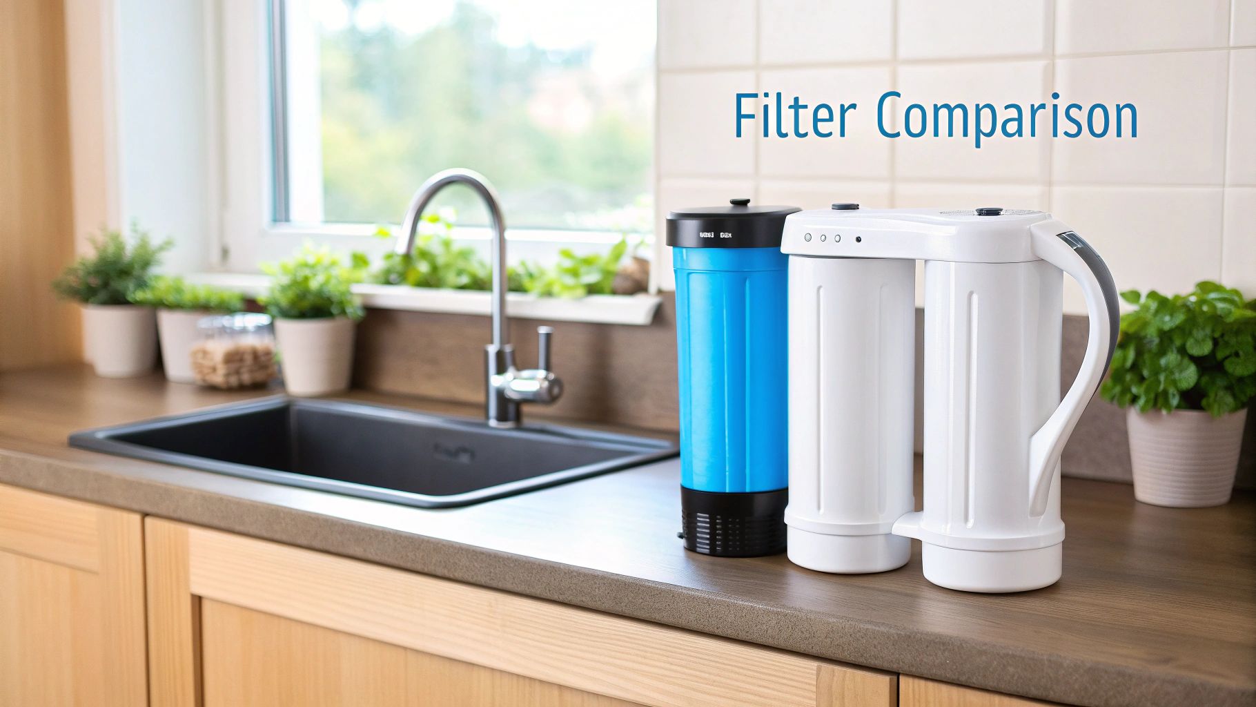 Two distinct water filter systems displayed on a modern kitchen counter next to a sink.